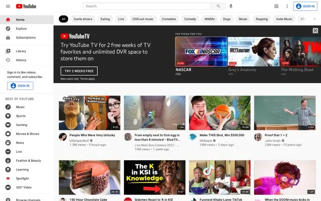YouTube homepage, 2021