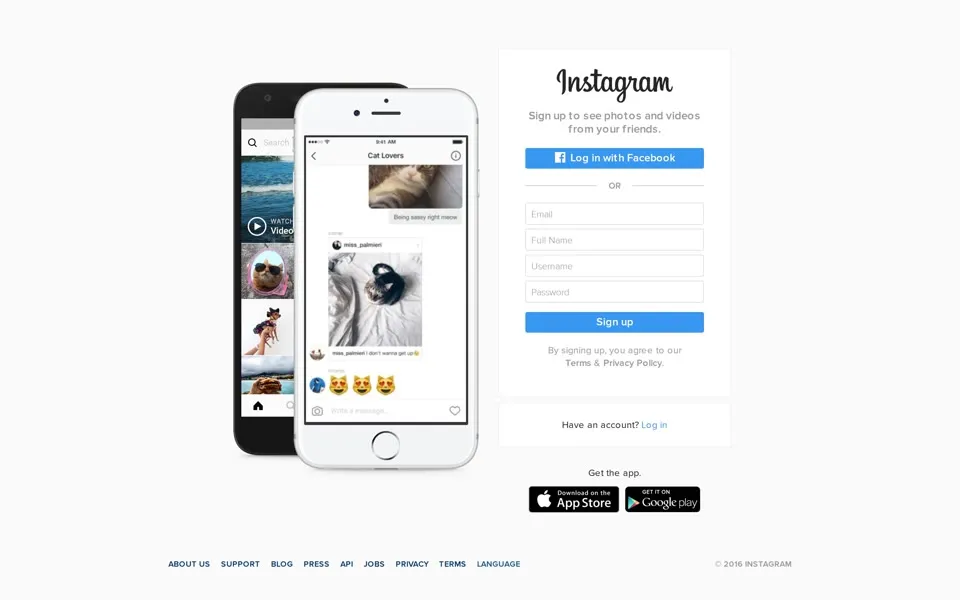 instagram.com homepage in 2016