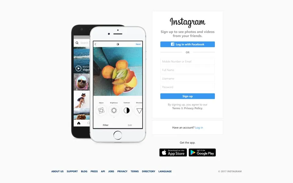 instagram.com homepage in 2017