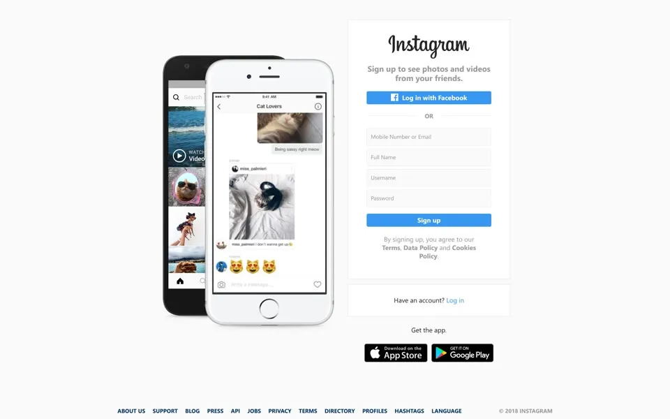 instagram.com homepage in 2018