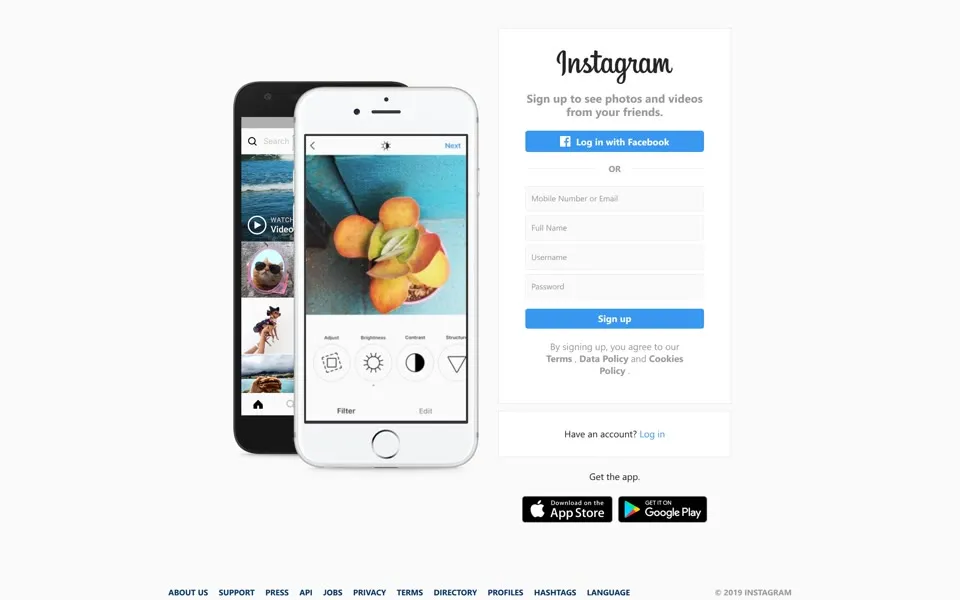 instagram.com homepage in 2019