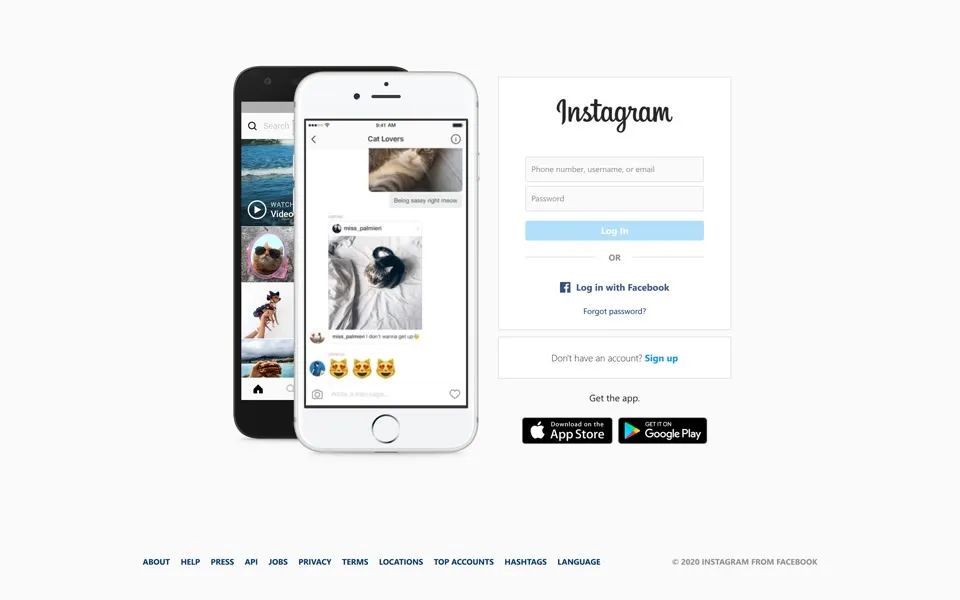 instagram.com homepage in 2020
