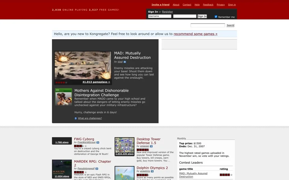 kongregate.com homepage in 2007