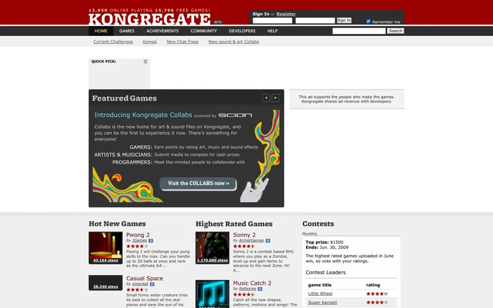 kongregate.com homepage in 2009