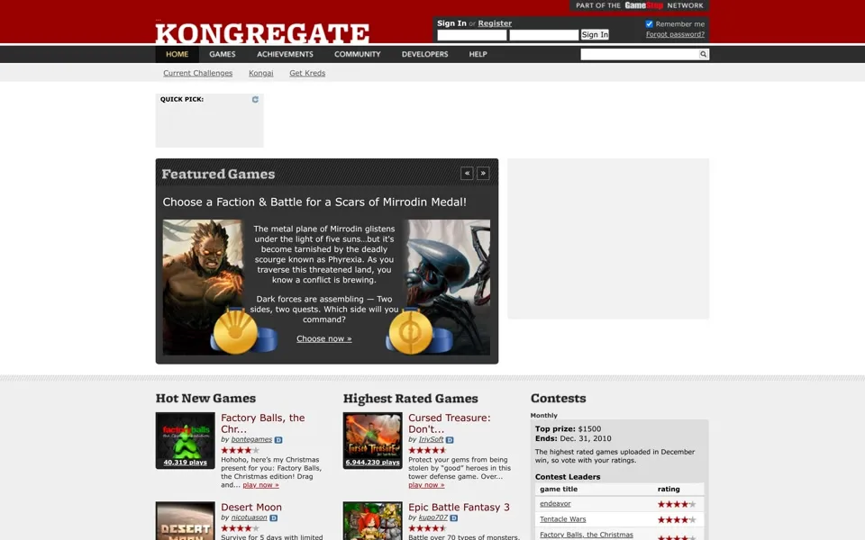 kongregate.com homepage in 2010