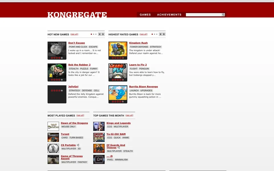 kongregate.com homepage in 2013