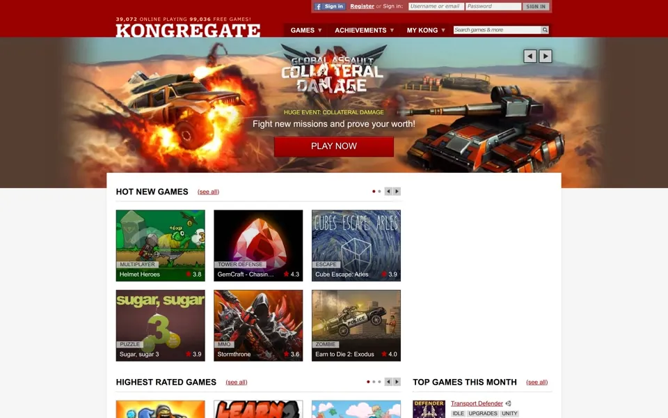 kongregate.com homepage in 2015