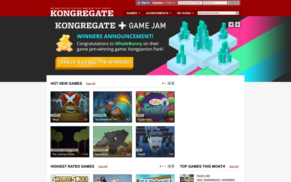 kongregate.com homepage in 2016