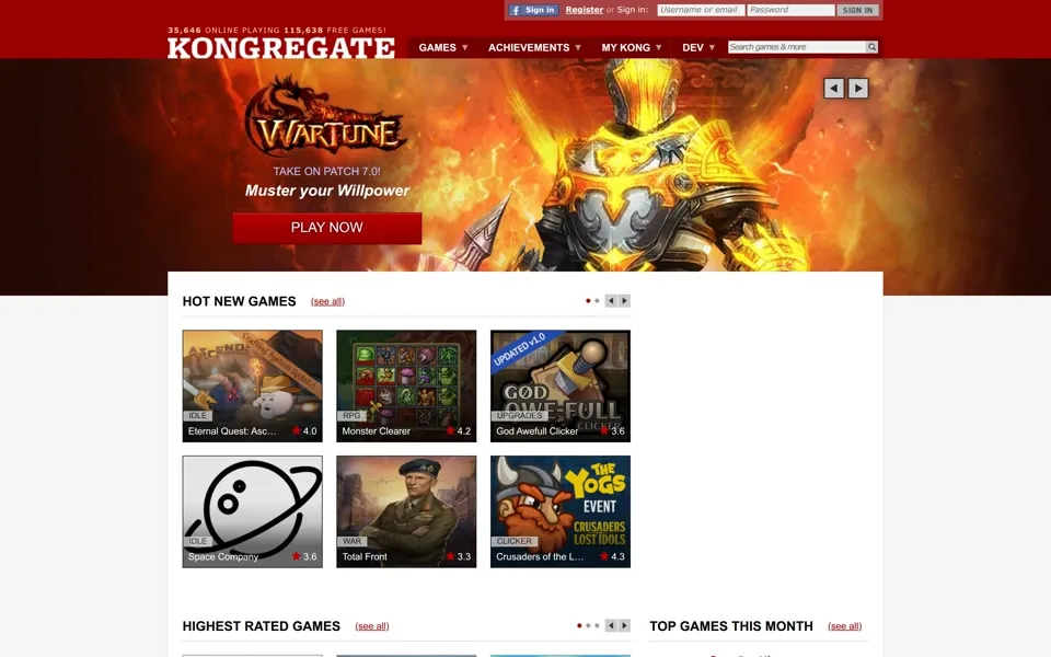 kongregate.com homepage in 2017