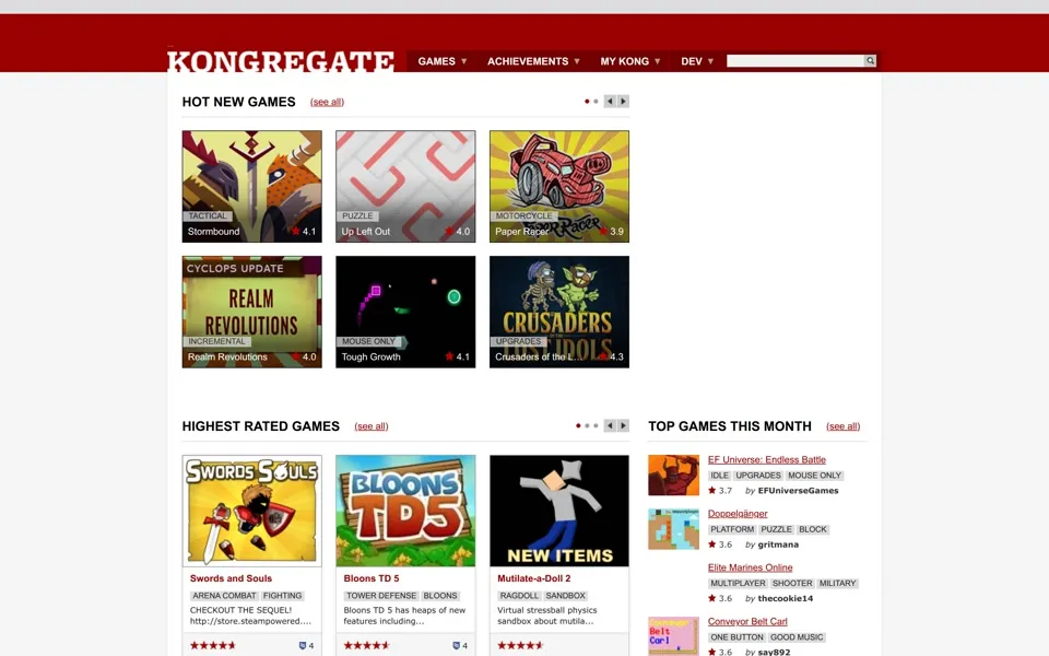 kongregate.com homepage in 2018