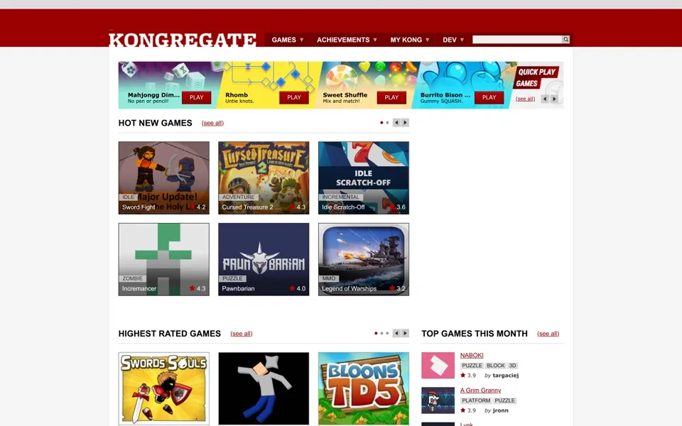 kongregate.com homepage in 2019