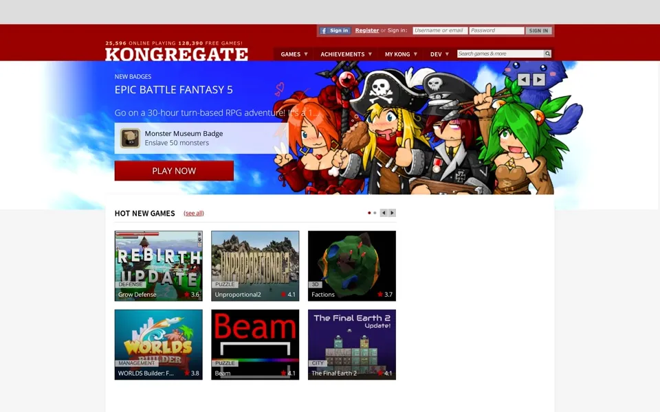 kongregate.com homepage in 2020