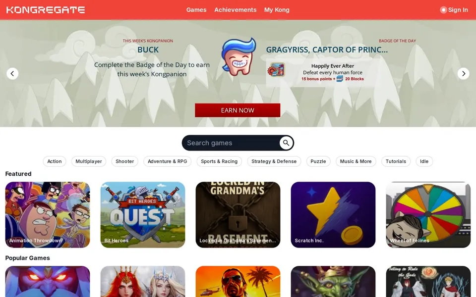 kongregate.com homepage in 2025