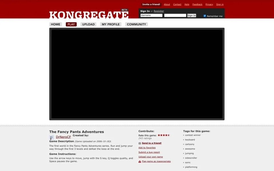 The Fancy Pants Adventures game page in January 2007, with a blank Flash player and game instructions