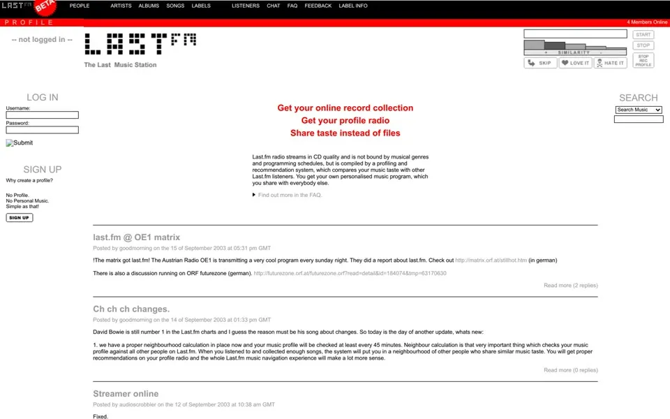 last.fm homepage in 2003