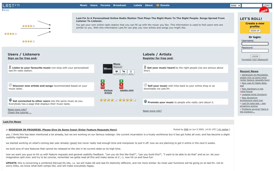 last.fm homepage in 2005
