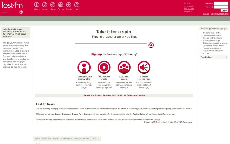 last.fm homepage in 2006