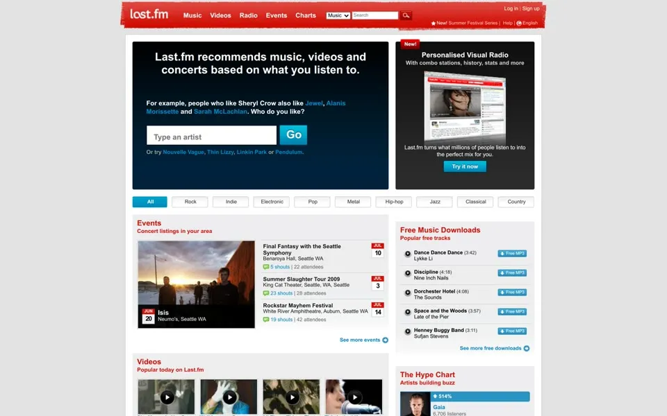 last.fm homepage in 2009