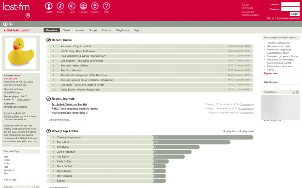 RJ’s Last.fm user profile in 2006