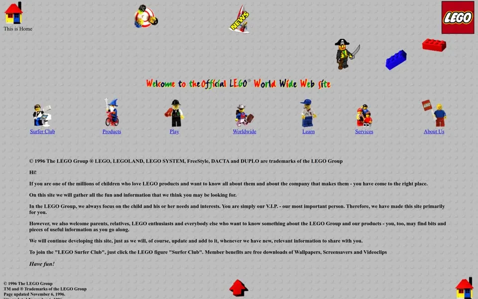 lego.com homepage in 1996
