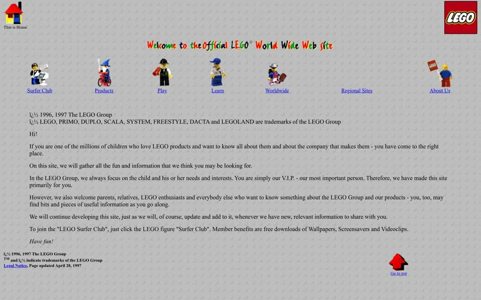 lego.com homepage in 1997