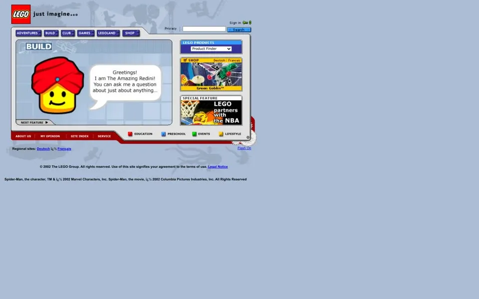 lego.com homepage in 2002