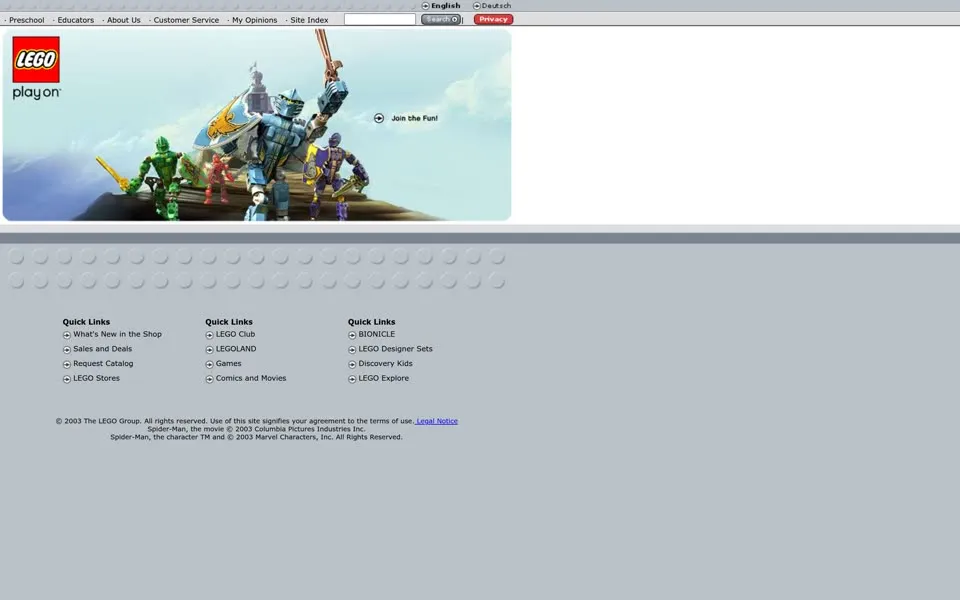 lego.com homepage in 2003