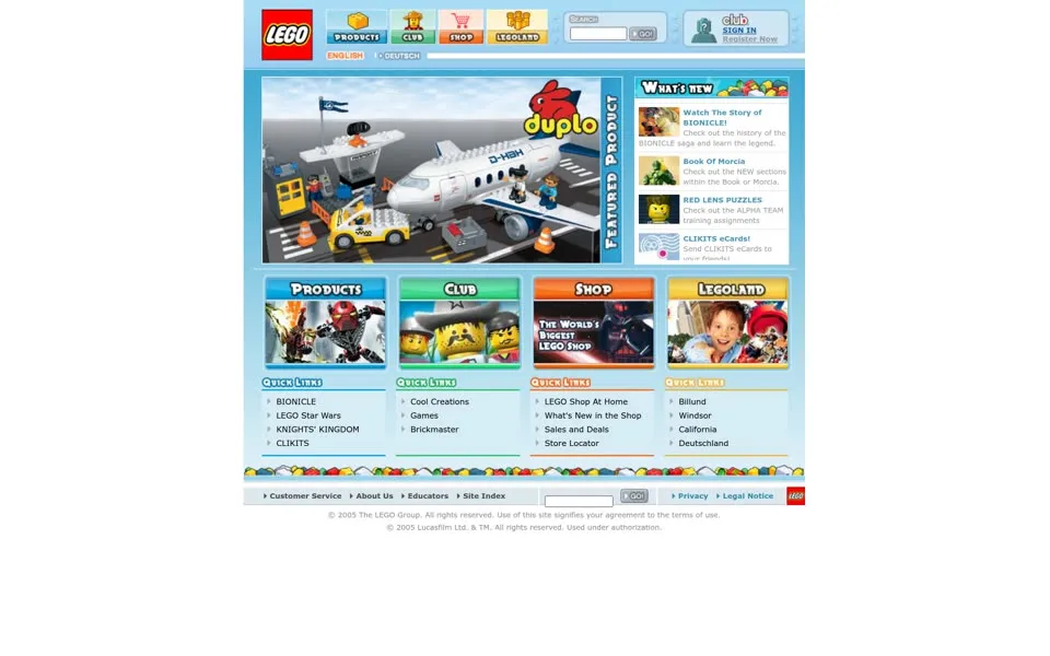 lego.com homepage in 2005