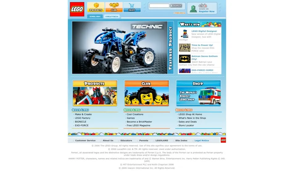 lego.com homepage in 2006