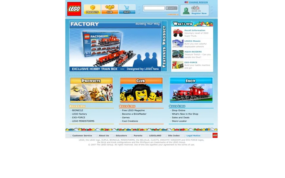 lego.com homepage in 2007