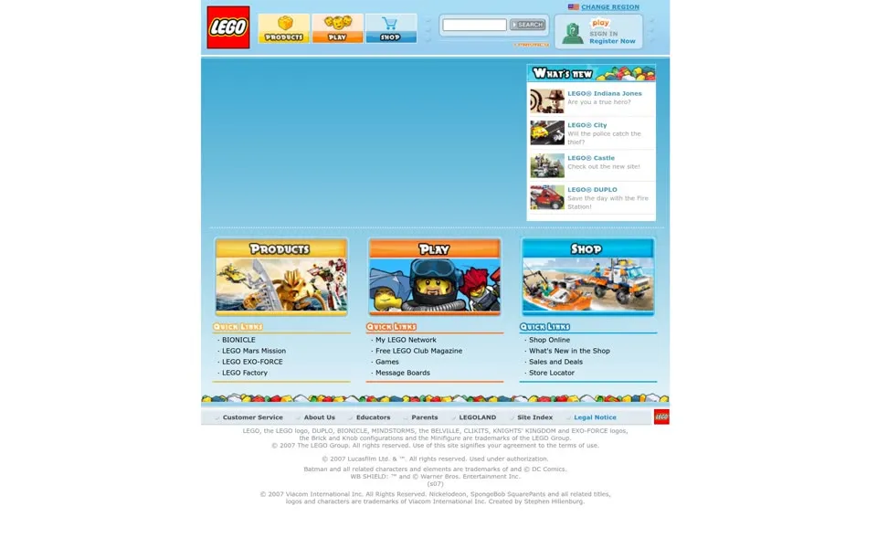 lego.com homepage in 2008