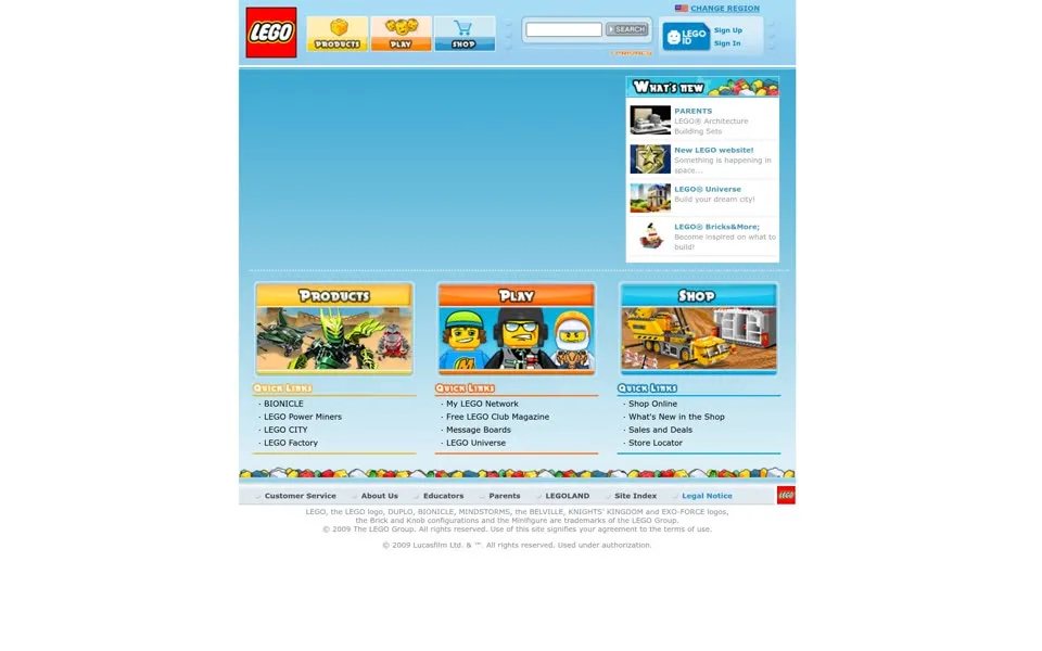 lego.com homepage in 2009