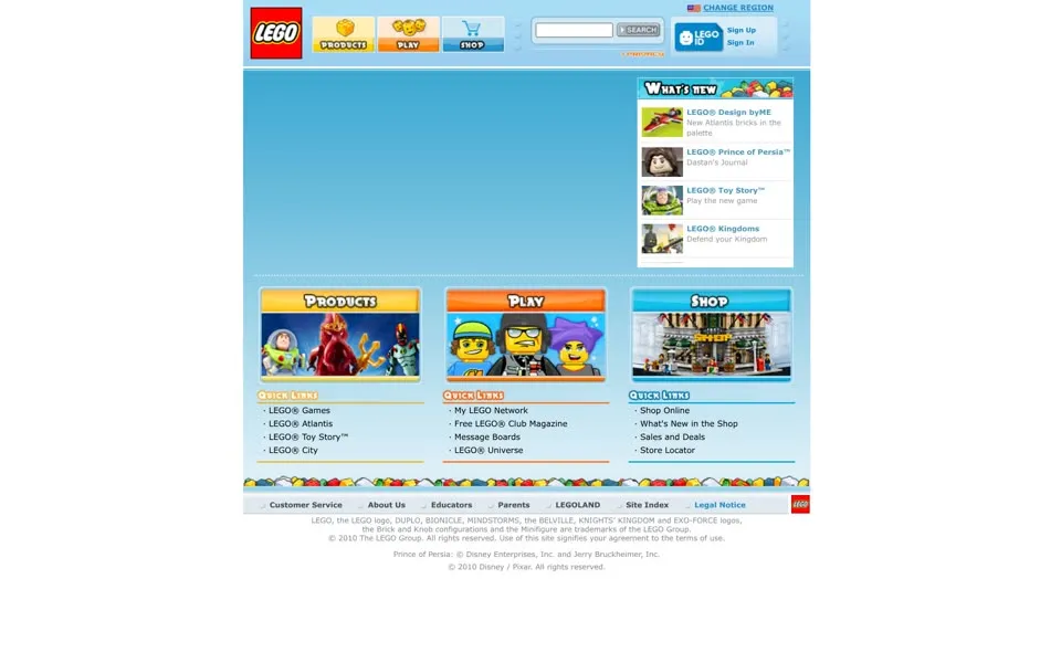 lego.com homepage in 2010
