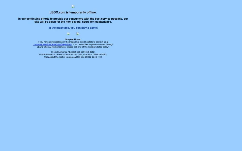 LEGO.com maintenance notice, June 18, 2003: “LEGO.com is temporarily offline.” and “In the meantime, you can play a game:”