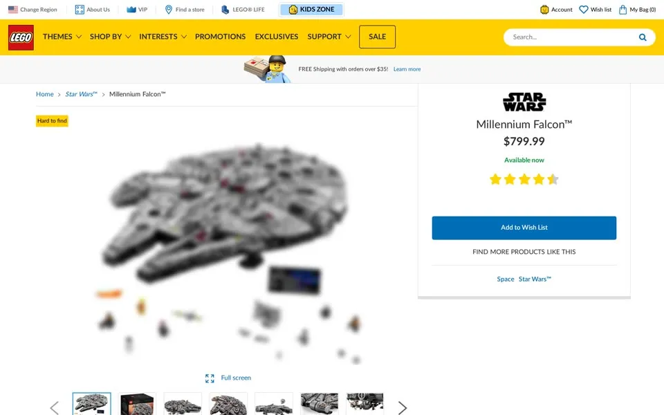 LEGO.com Millennium Falcon 75192 product page, August 17, 2019: $799.99 and “Available now”
