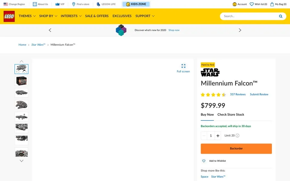 LEGO.com Millennium Falcon 75192 product page, January 4, 2020: “Hard to find”, 337 reviews, $799.99, “Backorders accepted, will ship in 30 days”