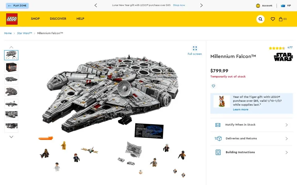 LEGO.com Millennium Falcon 75192 product page, January 12, 2022: $799.99 and “Temporarily out of stock” in red