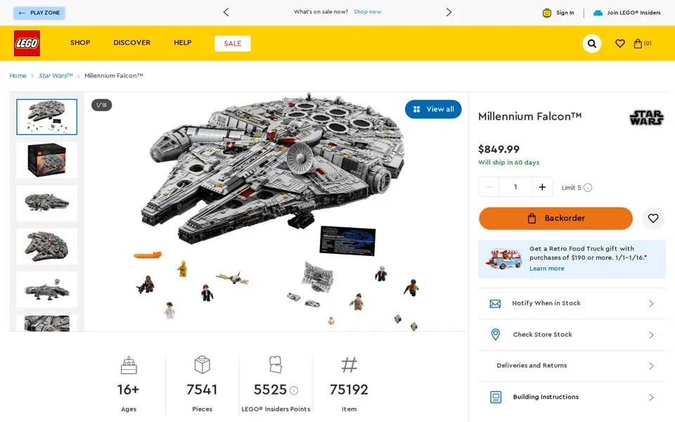 LEGO.com Millennium Falcon 75192 product page, January 1, 2024: $849.99, “Will ship in 60 days” and an orange Backorder button
