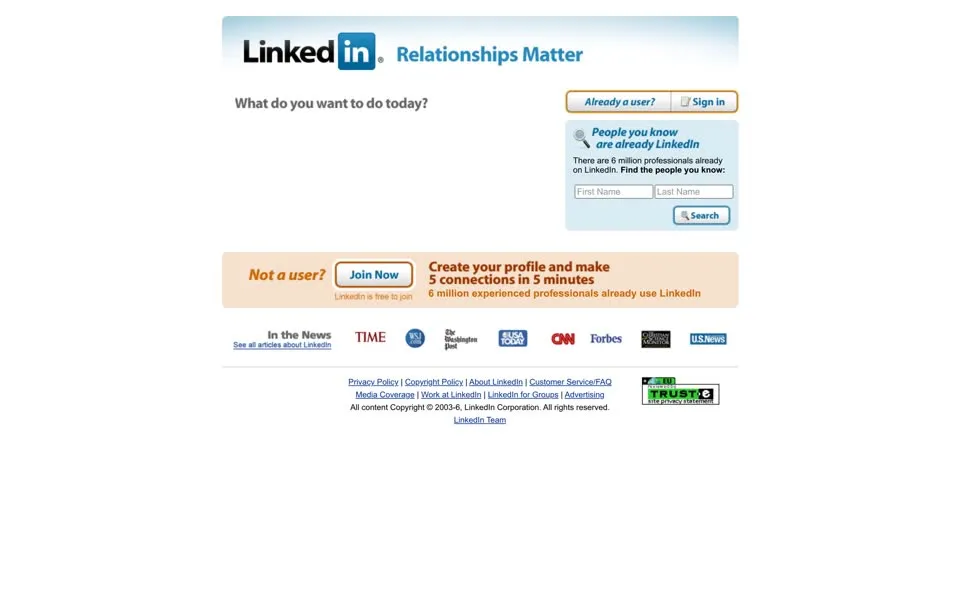 linkedin.com homepage in 2006