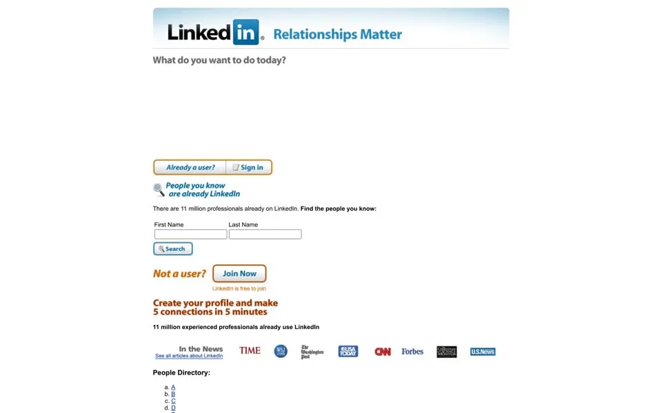 linkedin.com homepage in 2007