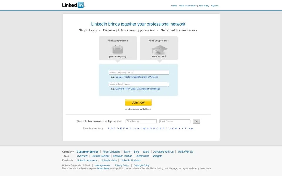 linkedin.com homepage in 2008