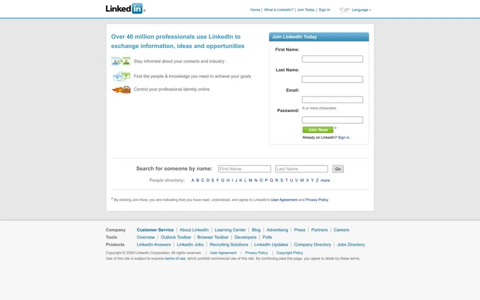 linkedin.com homepage in 2009
