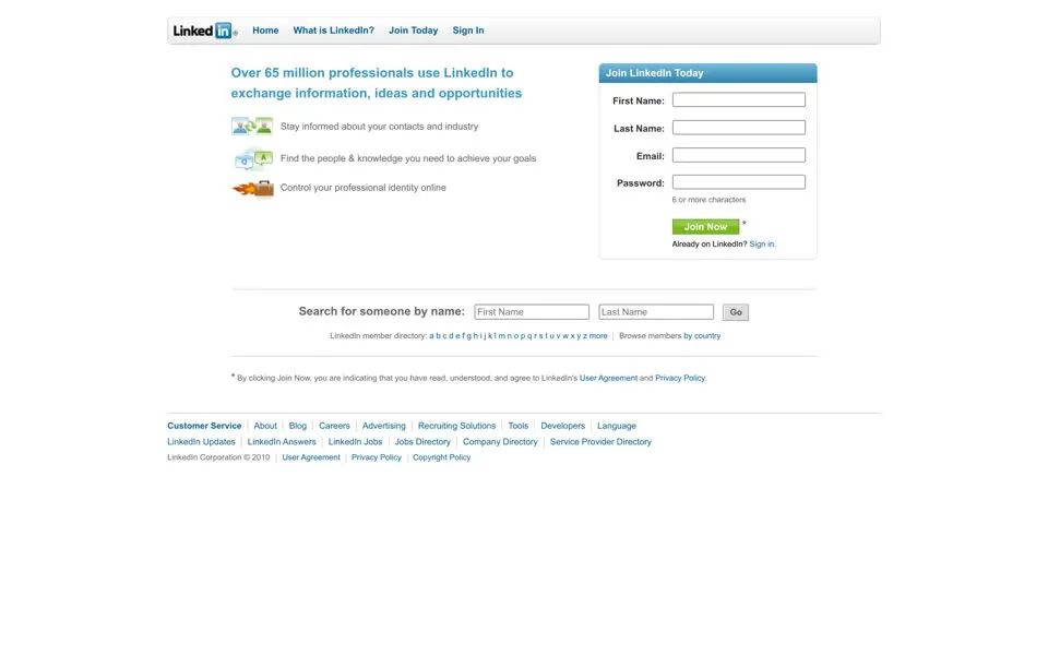 linkedin.com homepage in 2010