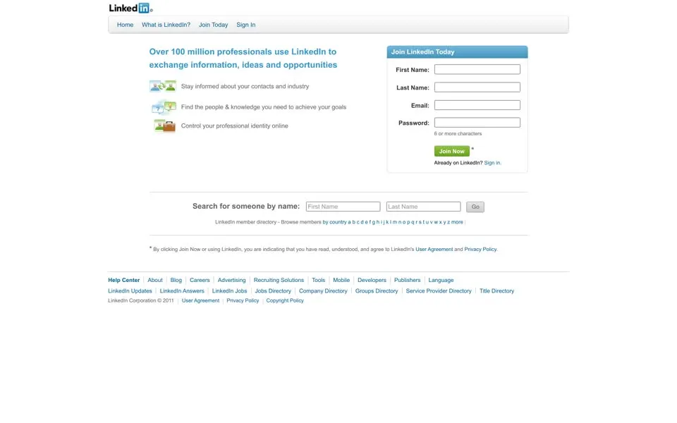 linkedin.com homepage in 2011
