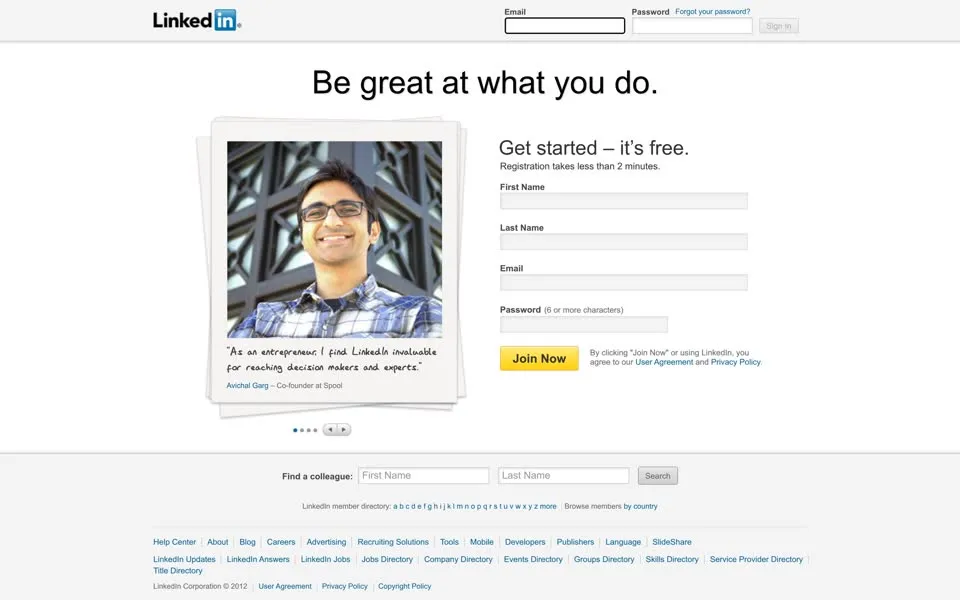 linkedin.com homepage in 2012