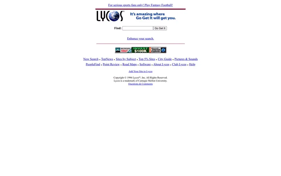 lycos.com homepage in 1996