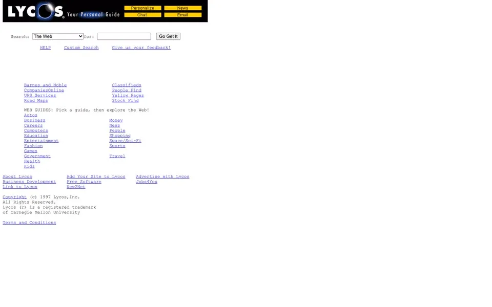 lycos.com homepage in 1997