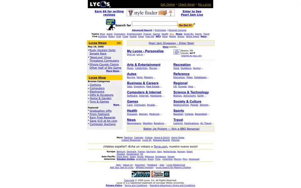 lycos.com homepage in 2000