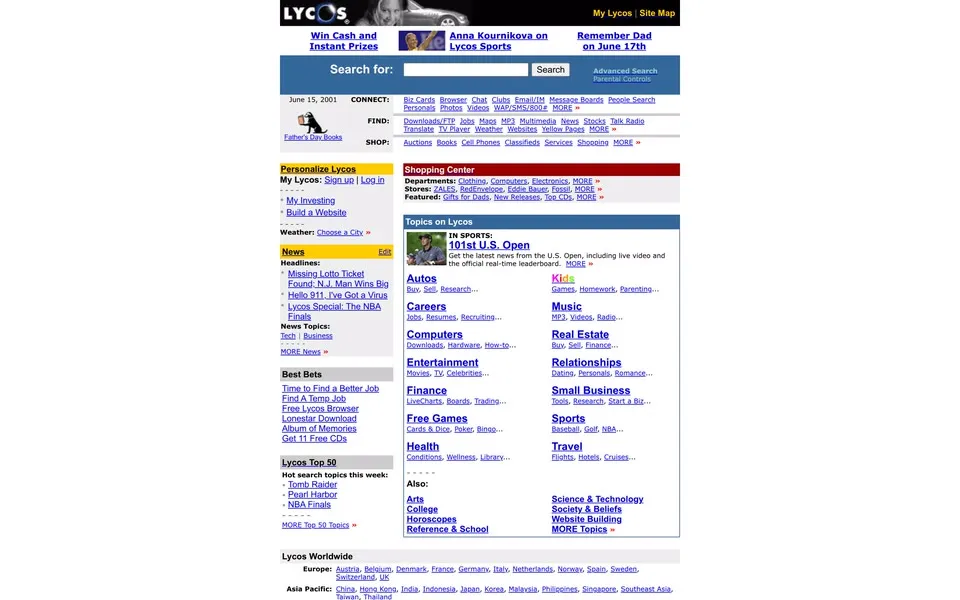 lycos.com homepage in 2001