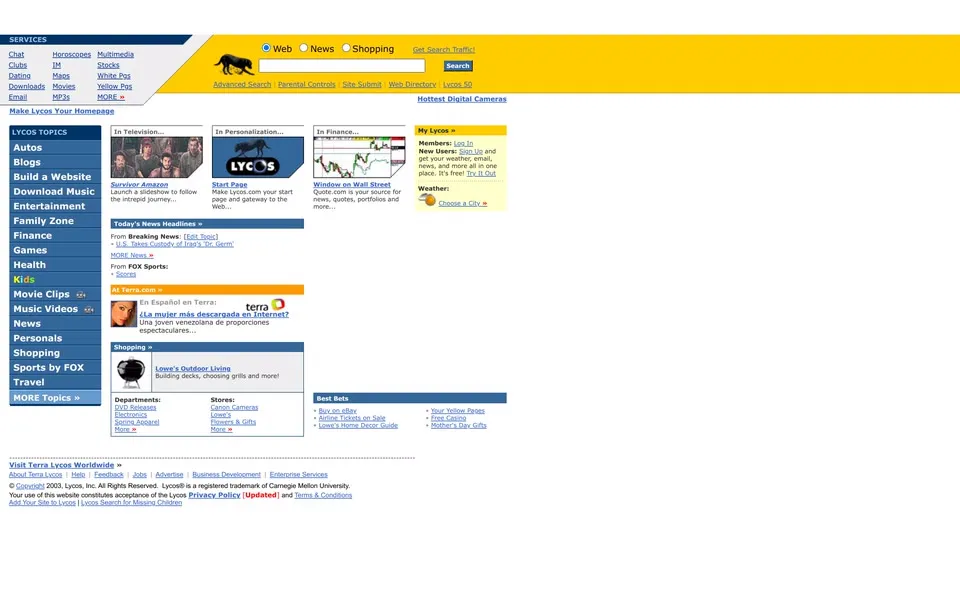lycos.com homepage in 2003
